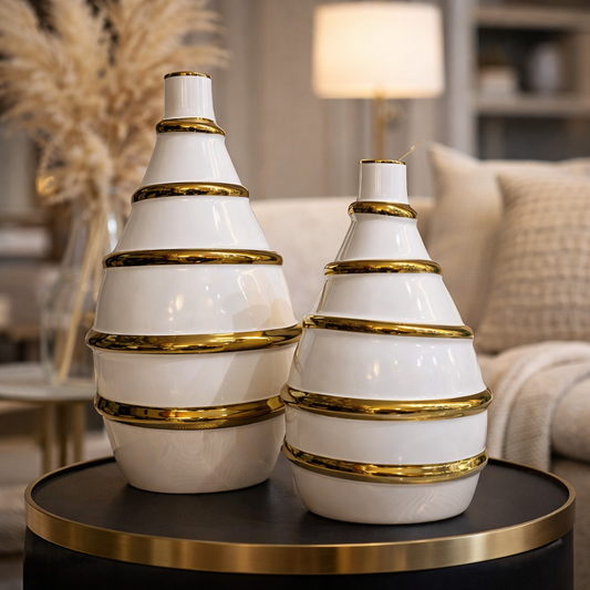 set x 2 Floreros Decorativos blanco rayas