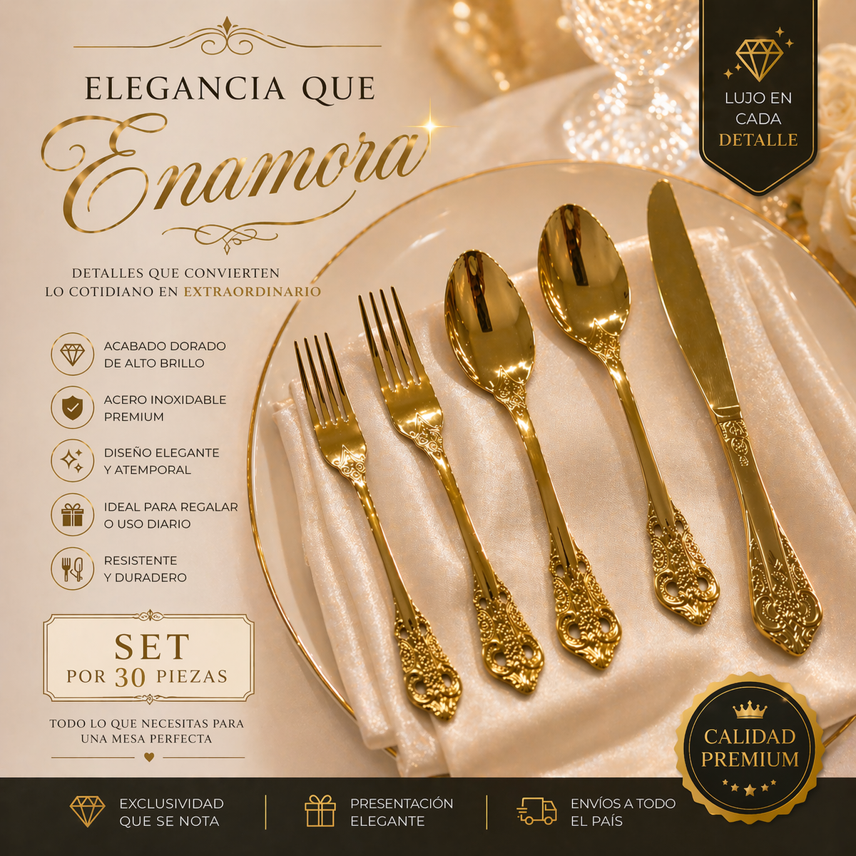 Set 30 Cubiertos dorados tallados