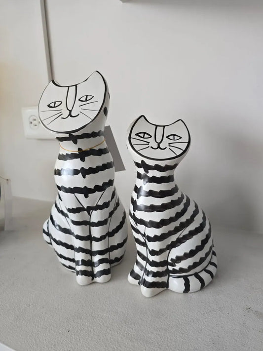 Set X2 Figura Decorativa Gato Cerámica Rayado Blanco Y Negro